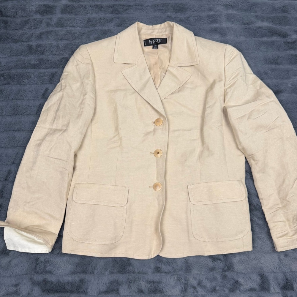 Kasper Petite Beige Linen Blend 3-Button Blazer Jacket Size 12P RN 50610